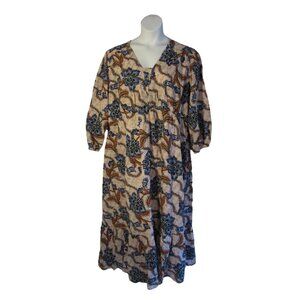 Chico's 4 (20) Orange Blue Floral Peasant Dress Longer Length POCKETS